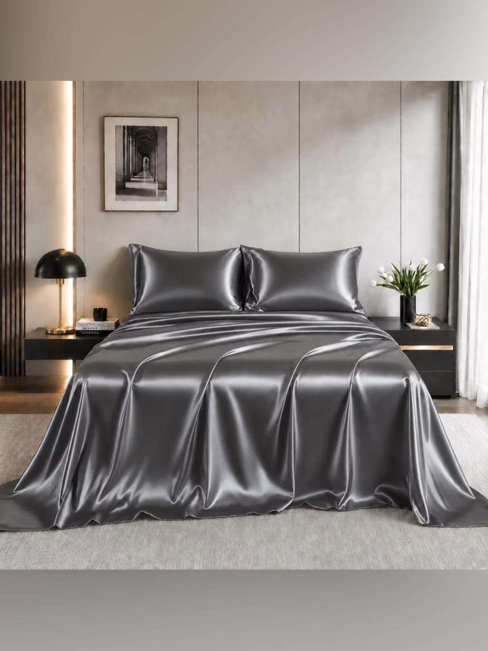 Luxury Satin king 4 piece Bed Sheet Set - Gray
